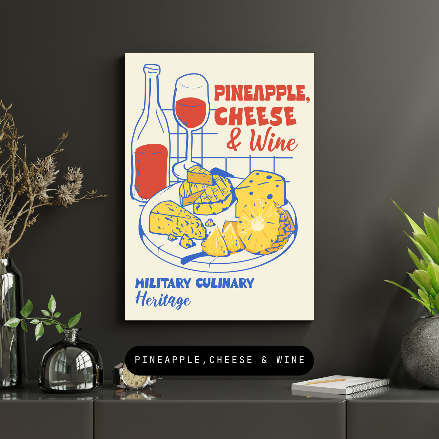 Pineapple Cheese & Wine Retro Art Print | Kitchen Wall Décor | Military Culinary Heritage